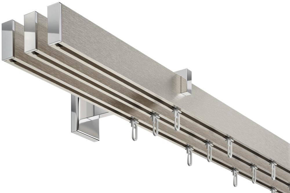 DécoProfi Gardinenstange Innenlauf 3-läufig Set Long rechteckig I Aluminium silber eloxiert / gebürstet für Wandmontage