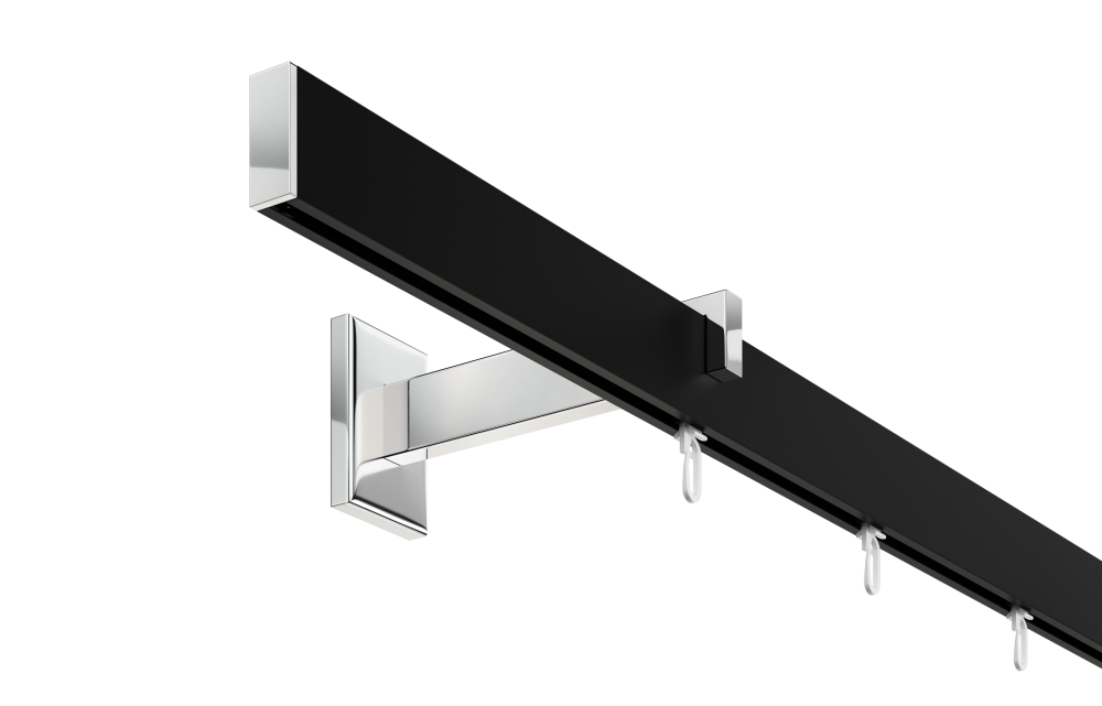 DécoProfi Gardinenstange Innenlauf 1-läufig Set Long rechteckig I Aluminium schwarz matt / chrom für Wandmontage
